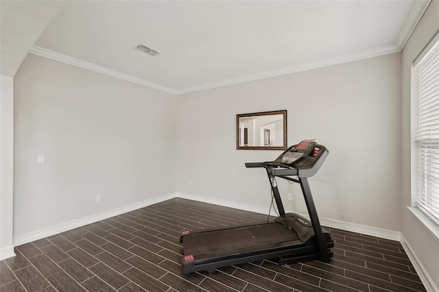 workout room featuring crown molding and a wealth of natural light