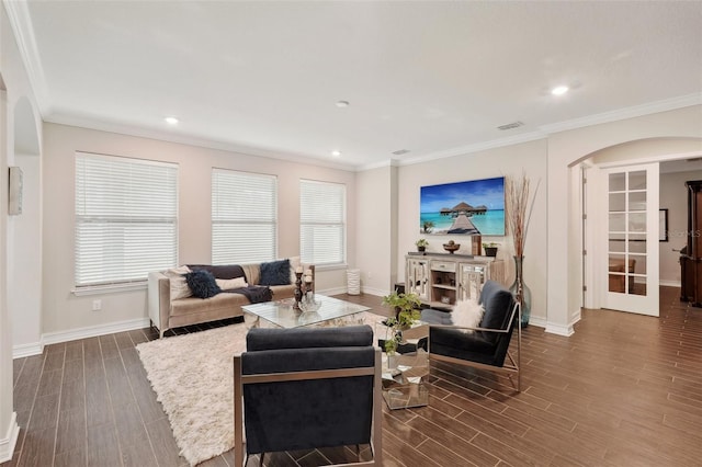 living room with crown molding