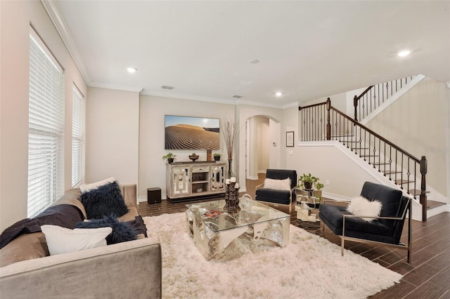 living room featuring crown molding