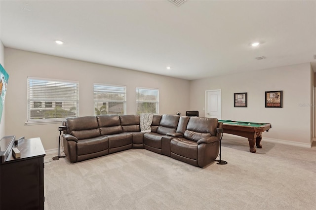 living room with light colored carpet and billiards