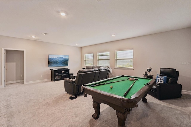 playroom with billiards and light colored carpet