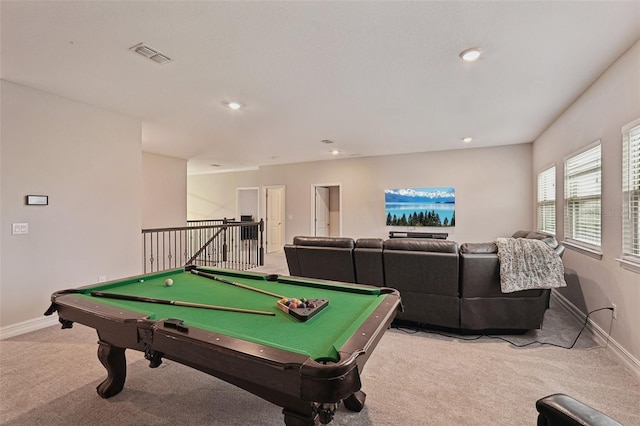 game room featuring billiards and light carpet