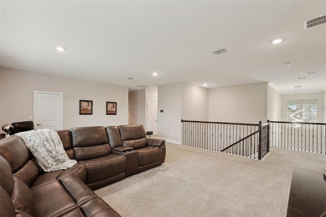 living room featuring light carpet