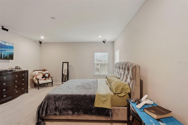 bedroom with light carpet