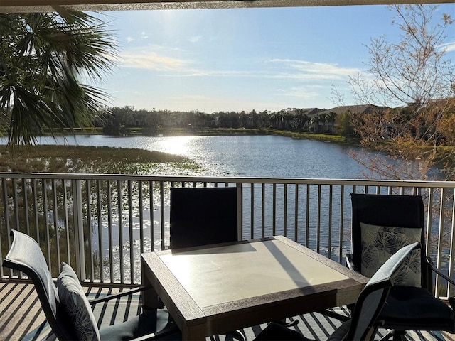 exterior space with a water view