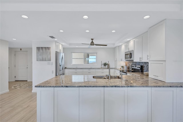 kitchen featuring sink, stainless steel appliances, kitchen peninsula, and white cabinets