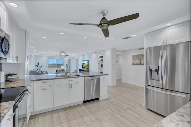 kitchen featuring stainless steel appliances, white cabinetry, sink, and a tray ceiling