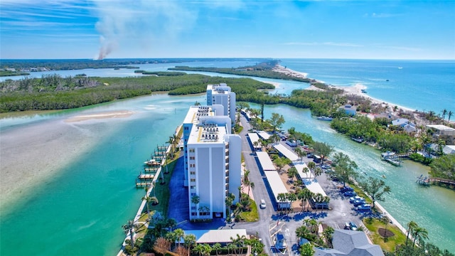 aerial view featuring a beach view and a water view