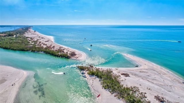 drone / aerial view featuring a water view and a beach view