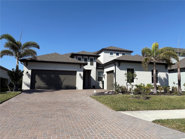 prairie-style house featuring a garage, decorative driveway, and stucco siding