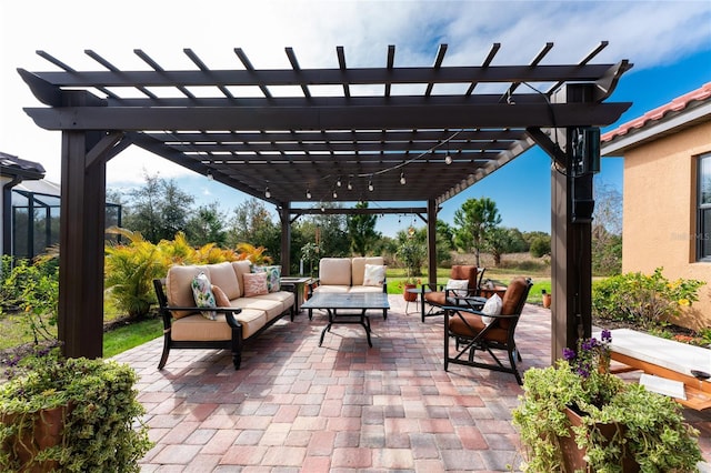 view of patio / terrace featuring a pergola and outdoor lounge area