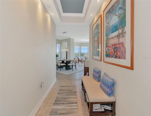 hallway with a raised ceiling