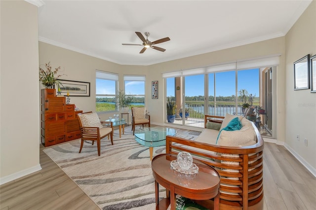 interior space with crown molding, plenty of natural light, light hardwood / wood-style floors, and a water view