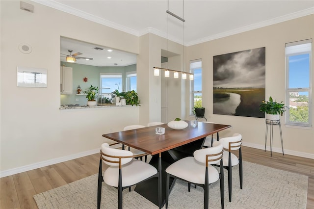 dining space featuring ornamental molding and light wood-type flooring