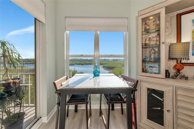 dining room featuring a water view and light hardwood / wood-style flooring