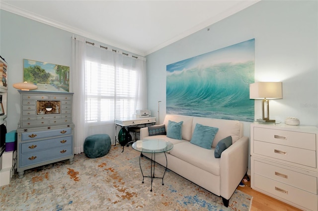 living area with crown molding