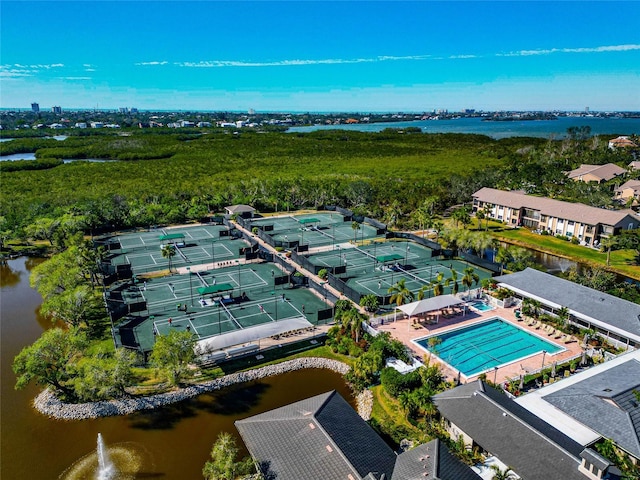 drone / aerial view with a water view