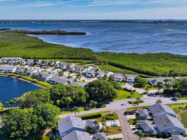 aerial view featuring a water view