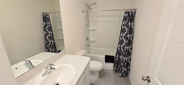 full bathroom with vanity, shower / bath combo, and toilet