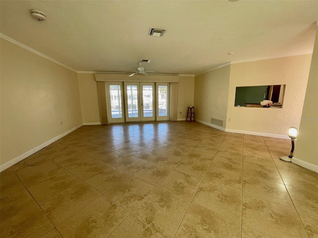 unfurnished room with light tile patterned floors, ornamental molding, french doors, and ceiling fan