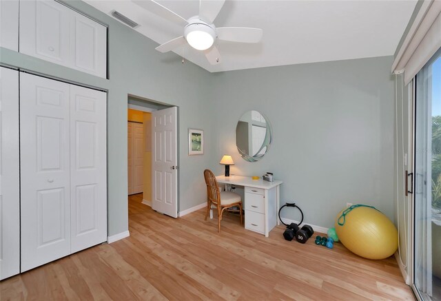 office featuring ceiling fan and light wood-type flooring