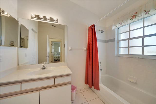 bathroom with vanity, shower / bath combination with curtain, and tile patterned floors