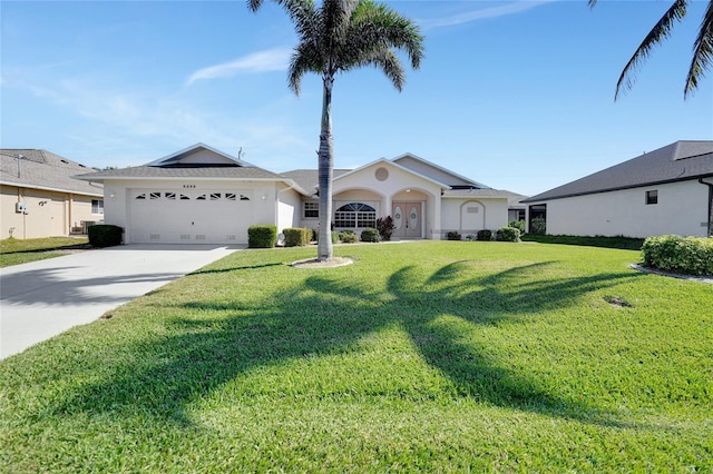 single story home featuring a garage and a front yard