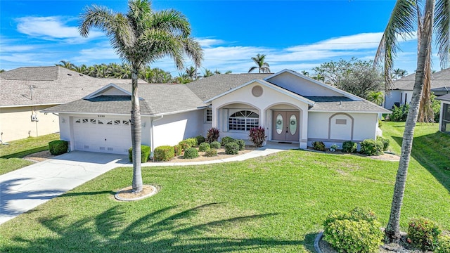 ranch-style home featuring a garage and a front yard