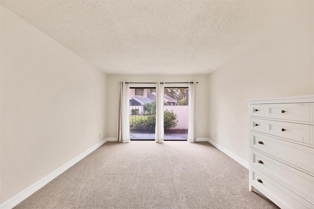 spare room featuring light colored carpet and a textured ceiling