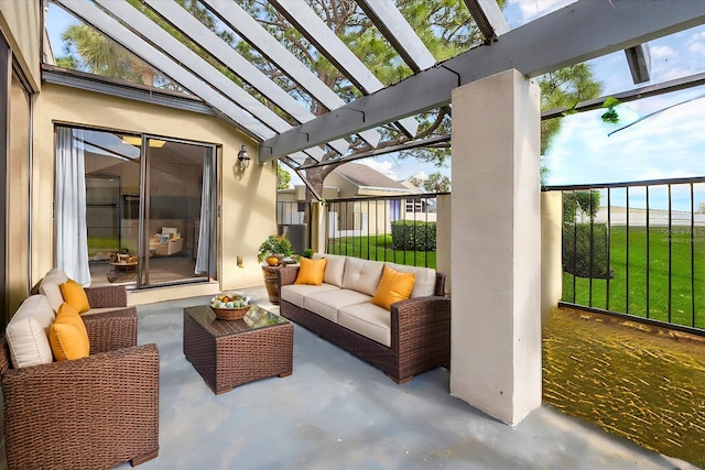 view of patio / terrace with an outdoor living space and a pergola