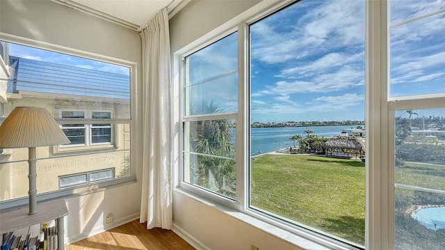 sunroom with a water view and a healthy amount of sunlight