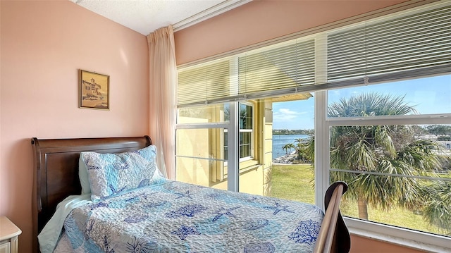 bedroom featuring a water view