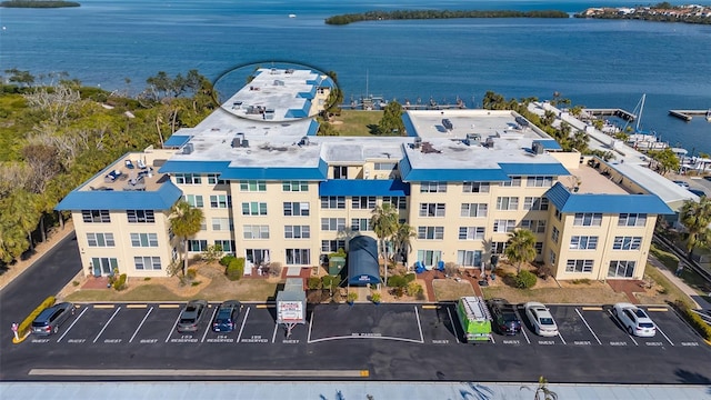 bird's eye view with a water view