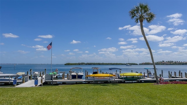 dock area with a yard and a water view