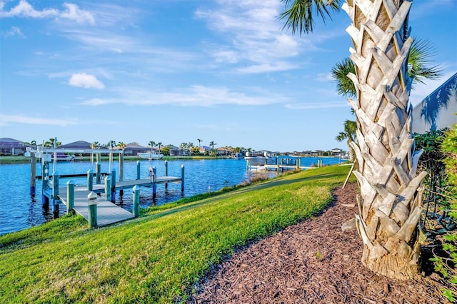 dock area featuring a water view and a yard