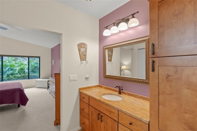 bathroom featuring lofted ceiling and vanity