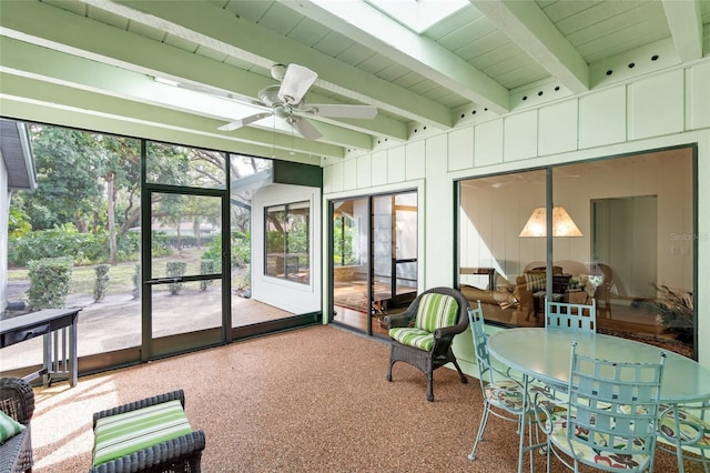 sunroom with ceiling fan, a skylight, and beamed ceiling