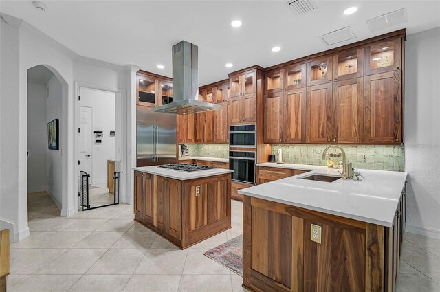 kitchen with stainless steel appliances, sink, a center island, and island range hood