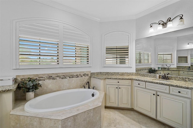 bathroom featuring crown molding, a relaxing tiled tub, vanity, and tile patterned floors