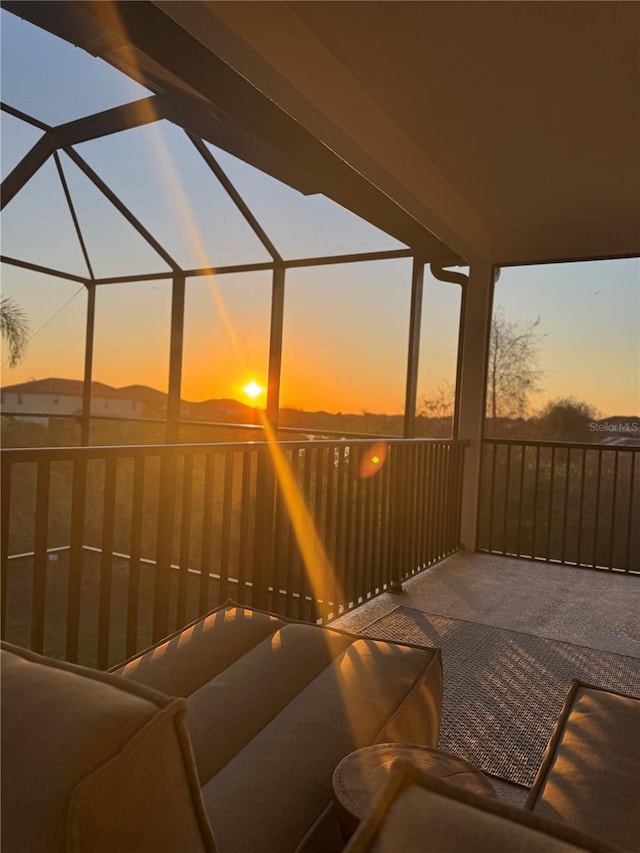 patio terrace at dusk with a lanai