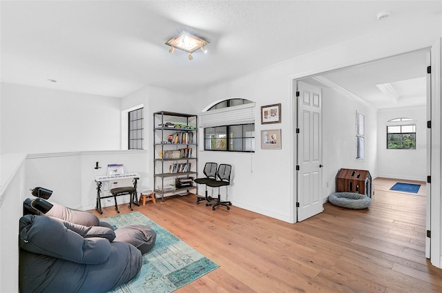 interior space with hardwood / wood-style flooring and ornamental molding