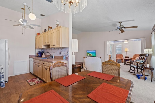 dining room featuring vaulted ceiling, sink, ceiling fan with notable chandelier, and a textured ceiling