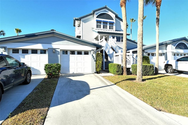 front facade with a garage and a front lawn