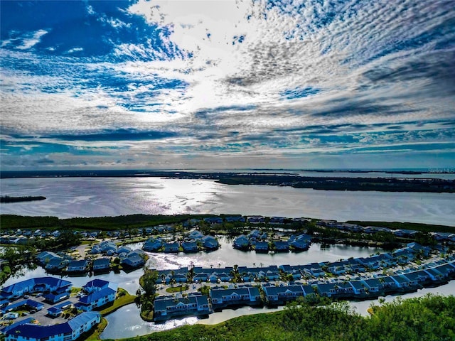 drone / aerial view with a water view