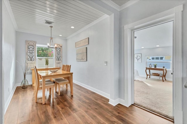 dining room featuring crown molding, wood ceiling, wood-type flooring, and a chandelier