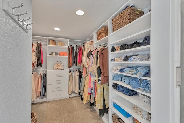 walk in closet with light colored carpet