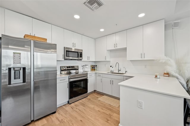 kitchen featuring sink, appliances with stainless steel finishes, white cabinetry, light hardwood / wood-style floors, and kitchen peninsula