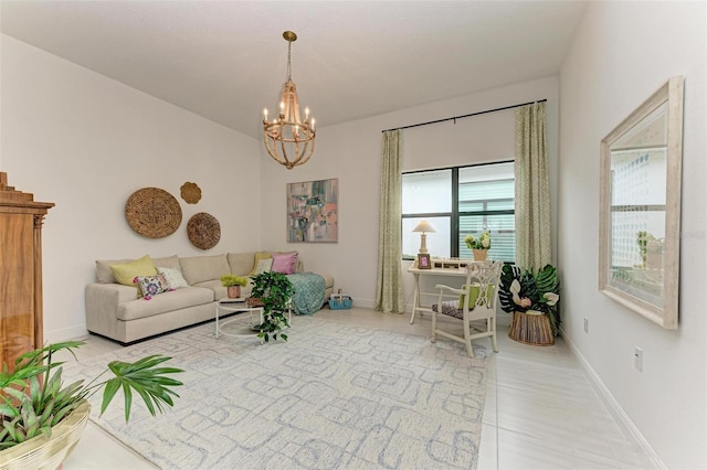 tiled living area featuring baseboards and a notable chandelier