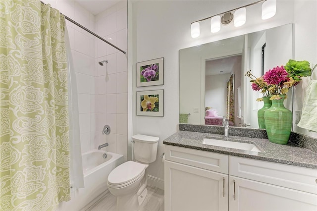 full bath with toilet, vanity, and shower / bathtub combination with curtain