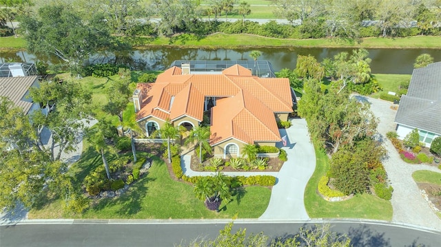 drone / aerial view featuring a water view